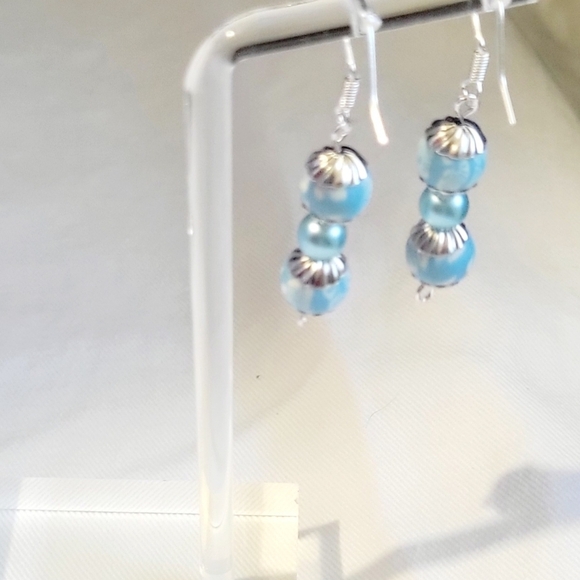 Artisanal Blue and White Clay Beaded Dangle Drop Earrings - Picture 9 of 9